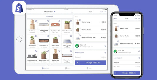 Interface de caisse Shopify POS sur tablette et smartphone, affichant les produits, panier client et options de paiement intégrées.